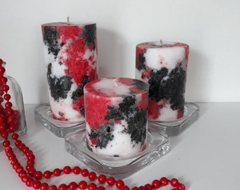 Black White Red Pillar Decorative candles. Unique pillar candles. Centerpiece candles