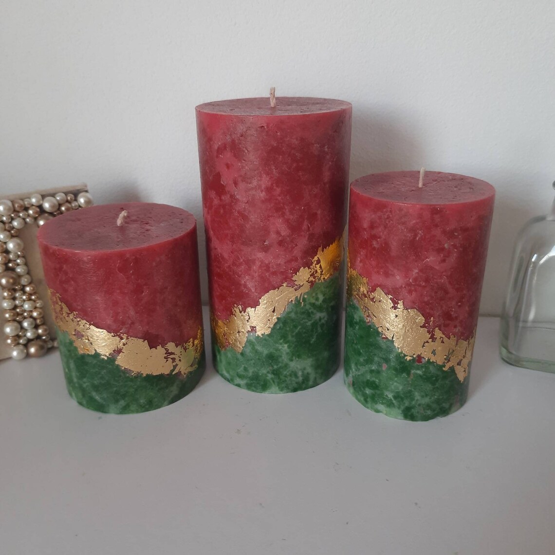 Red Green Gold Christmas Candles Pillar Candle Set of 3 Etsy