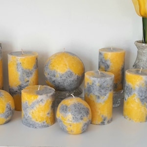 Yellow And Gray Pillar Candles. Decorative candle for mindfulness gift, or unique home decor. Сhoose a size