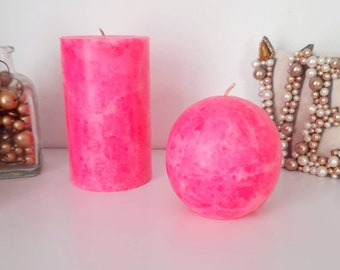 Bright pink candle. Hot pink decorative candles. Fluorescent pink pillar candles. Neon pink girly home decor.