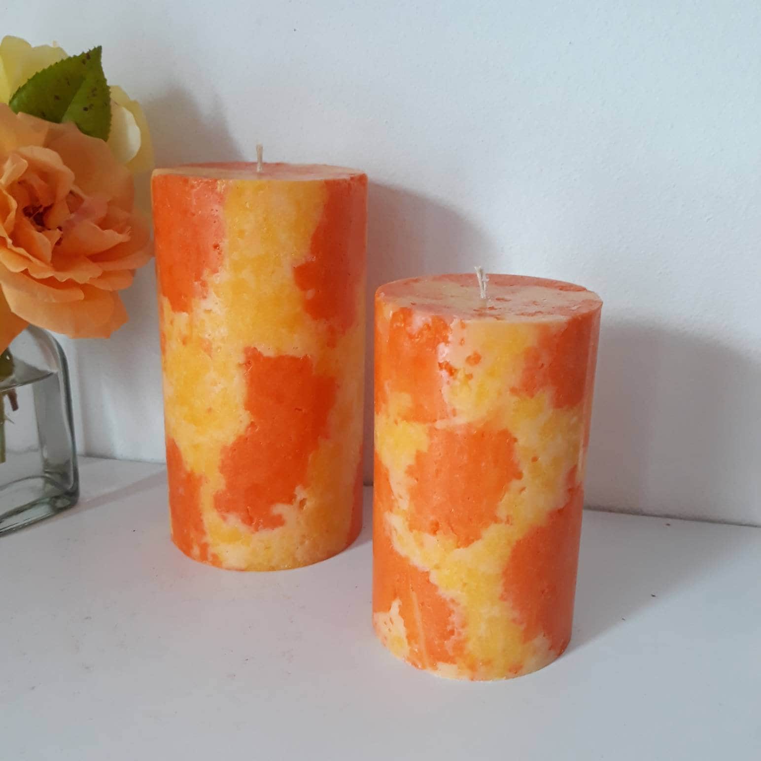 Orange and yellow pillar candles. Decorative candles. Etsy