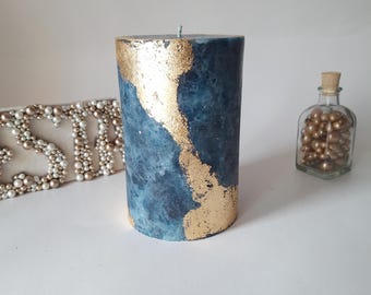 Navy Blue Pillar Candles with Gold decor, Decorative Candles, Unscented Candle, Luxury Home Decor, Candle Gift, Housewarming Gift