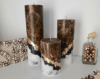 Brown pillar candles. Set of 3 Unique candle. Unscented candles with gold decor. Designer candle Marble candles