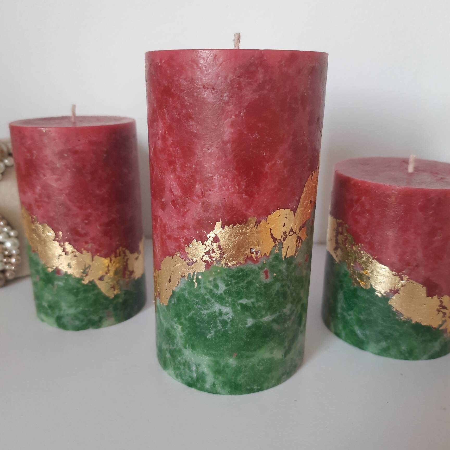 Red Green Gold Christmas Candles Pillar Candle Set of 3 Etsy