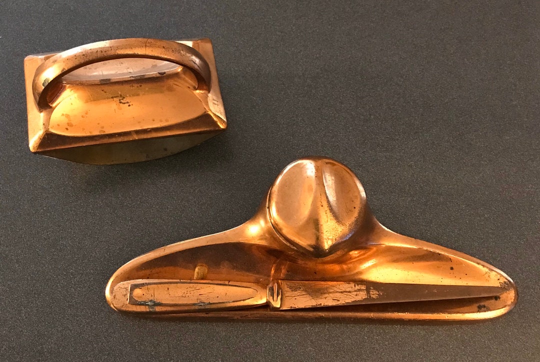 Vintage Letter Opener Ink Well and Blotter Copper Colored Etsy