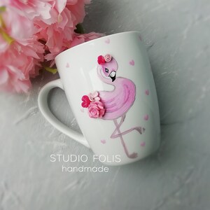 Flamingo mug, Custom animals mug, Girl mug personalized, Birthday gift flamingo for girl, Polymer clay handmade mug, Flamingo decor mug