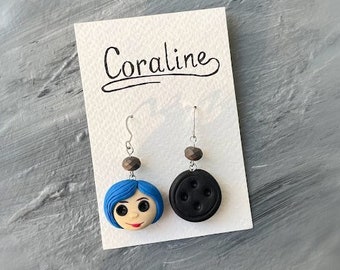 Coraline style earrings, Halloween earrings, Spooky earrings, Coraline and button earrings, Handmade polymer clay earrings