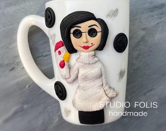 Personalized Coraline style mug, mom Coraline, Horror Movie Halloween gifts idea Coraline lovers, Custom ceramic coffee cup with black cat