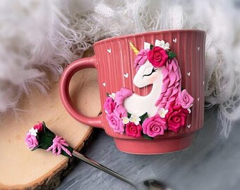 Personalized Unicorn mug with name, Custom Unicorn Birthday gift for girl, Flowers cute pink mug for baby, For Unicorn lovers, Spoon Unicorn