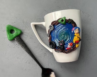 Personalized Coraline style mug, Halloween gifts idea Coraline lovers, Custom coffee cup with Black cat, Button, Key, Little circus mouse