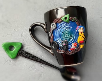 Personalized Coraline style mug, Halloween gifts idea Coraline lovers, Custom coffee cup with Black cat, Button, Key, Little circus mouse