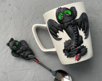 Toothless dragon mug, How to train your dragon, Personalized Christmas gift, Black dragons mug, Polymer clay coffee mug
