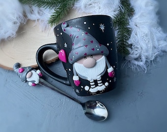 Christmas gnome coffee mug, Valentines gnome cup, Scandinavian gnome Xmas gift, Spoon with polymer clay decor, Gnome gifts for best friend
