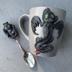 Toothless dragon mug, How to train your dragon, Personalized gift for kids, Black dragons mug, Polymer clay coffee mug, Toothless gift