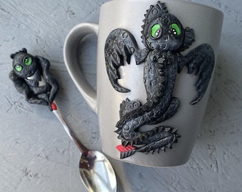 Toothless dragon mug, How to train your dragon, Personalized gift for kids, Black dragons mug, Polymer clay coffee mug, Toothless gift