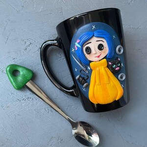 Personalized Coraline style mug, Halloween gifts idea Coraline lovers, Custom coffee cup with Black cat, Button, Key Set black mug+spoon