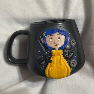 Personalized Handmade Ceramic Mug in Coraline Style, Best friend unique Gift, Polymer clay coffee cup, Button Eye Design, Black cat