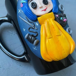 Personalized Coraline style mug, Halloween gifts idea Coraline lovers, Custom coffee cup with Black cat, Button, Key image 8