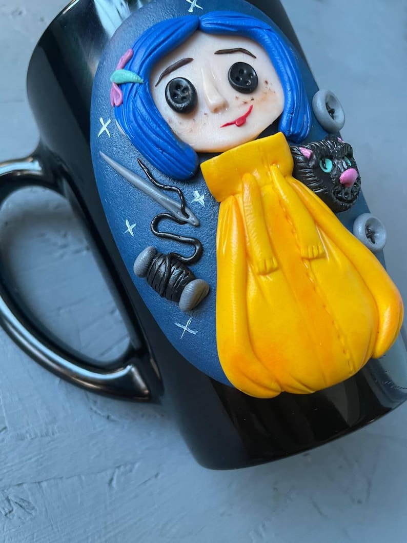 Personalized Coraline style mug, Halloween gifts idea Coraline lovers, Custom coffee cup with Black cat, Button, Key image 8
