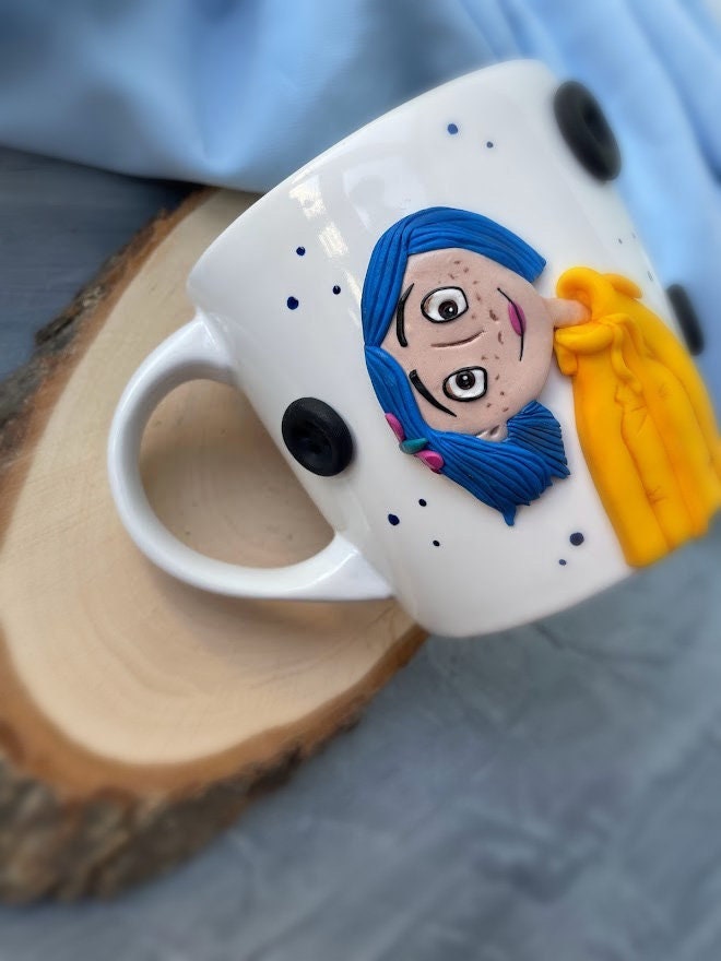 Coraline style mug, Best friend personalized gifts, Polymer clay coffee mug, Coraline cup custom