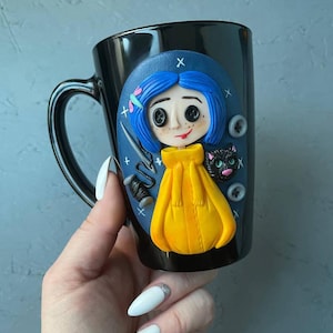 Personalized Coraline style mug, Halloween gifts idea Coraline lovers, Custom coffee cup with Black cat, Button, Key Black mug