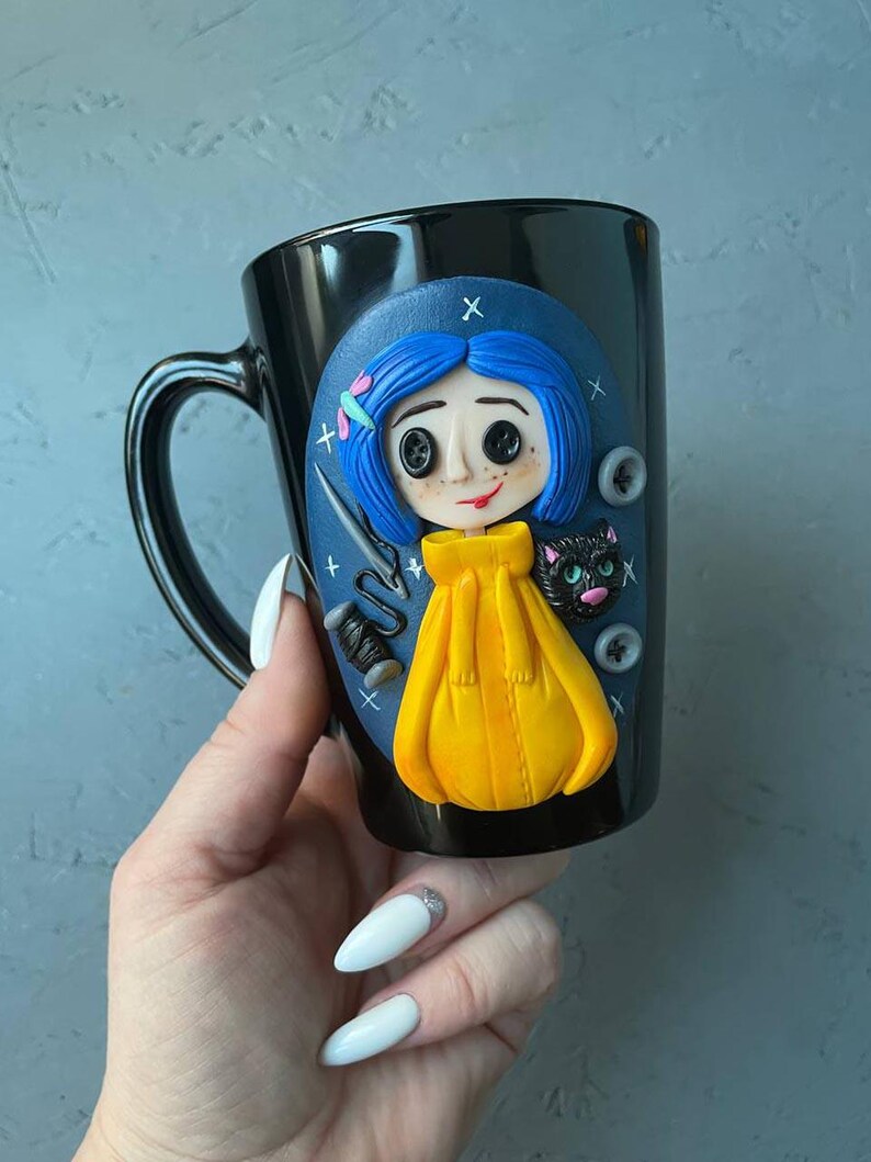 Personalized Coraline style mug, Halloween gifts idea Coraline lovers, Custom coffee cup with Black cat, Button, Key Black mug
