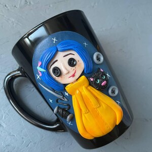 Personalized Coraline style mug, Halloween gifts idea Coraline lovers, Custom coffee cup with Black cat, Button, Key image 5