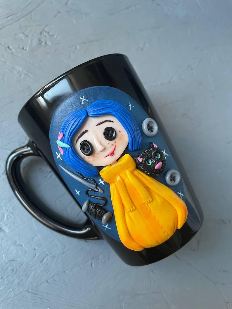 Personalized Coraline style mug, Halloween gifts idea Coraline lovers, Custom coffee cup with Black cat, Button, Key image 5