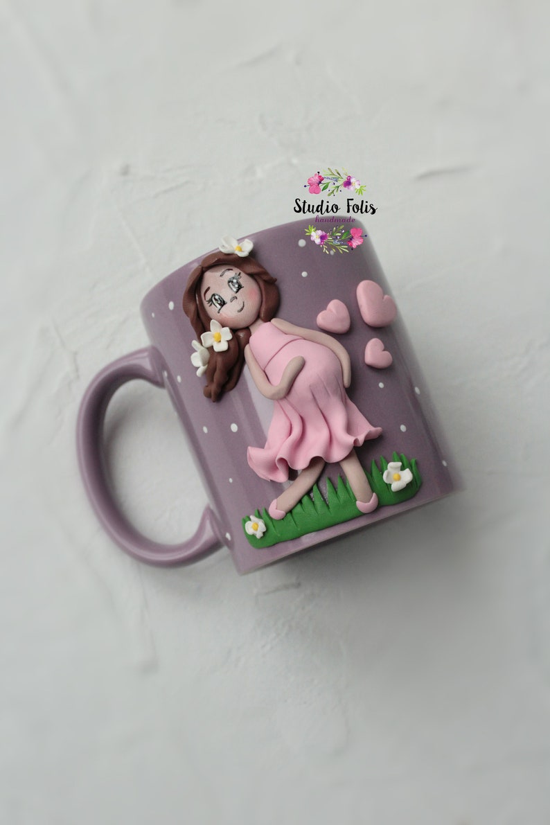Pregnant Mom Mugs, New Mommy Gift Personalized, Polymer Clay Coffee Mug