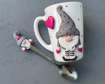 Valentines gnome coffee mug, Spoon polymer clay decor, Personalized Gnome Couple Mugs, Valentine's Day gifts for best friends, Heart cup