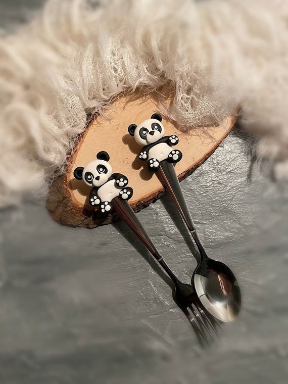 Personalized cutlery for kids with panda polymer clay, Personalized spoon  and fork, Spoon polymer clay, Custom panda birthday gift