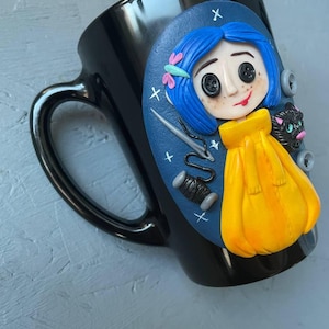 Personalized Coraline style mug, Halloween gifts idea Coraline lovers, Custom coffee cup with Black cat, Button, Key image 9