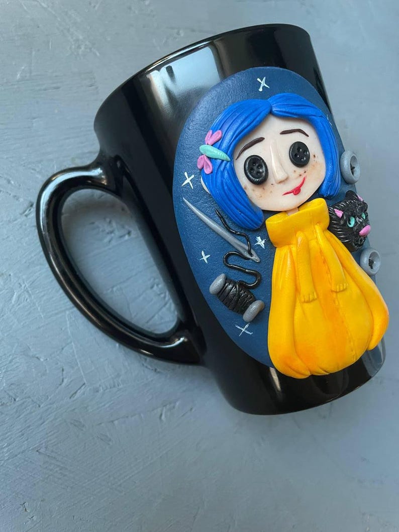 Personalized Coraline style mug, Halloween gifts idea Coraline lovers, Custom coffee cup with Black cat, Button, Key image 9