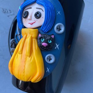 Personalized Coraline style mug, Halloween gifts idea Coraline lovers, Custom coffee cup with Black cat, Button, Key image 7