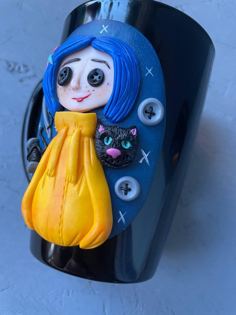 Personalized Coraline style mug, Halloween gifts idea Coraline lovers, Custom coffee cup with Black cat, Button, Key image 7