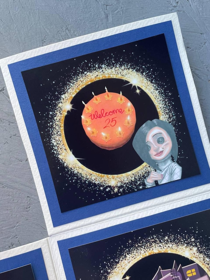 May include: A greeting card with a black background and a sparkly gold ring around a pink cake with the words "welcome 25" on it. A cartoon character with a white turtleneck and a black and white dress is looking at the cake.