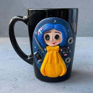 Personalized Coraline style mug, Halloween gifts idea Coraline lovers, Custom coffee cup with Black cat, Button, Key image 10