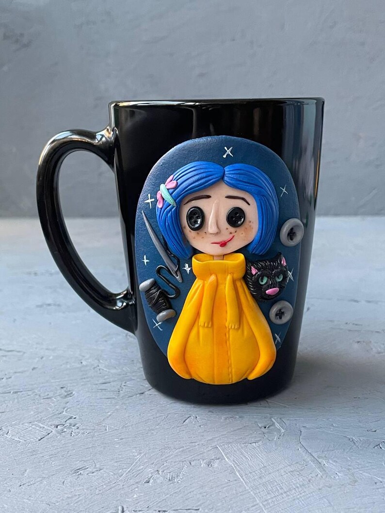 Personalized Coraline style mug, Halloween gifts idea Coraline lovers, Custom coffee cup with Black cat, Button, Key image 10