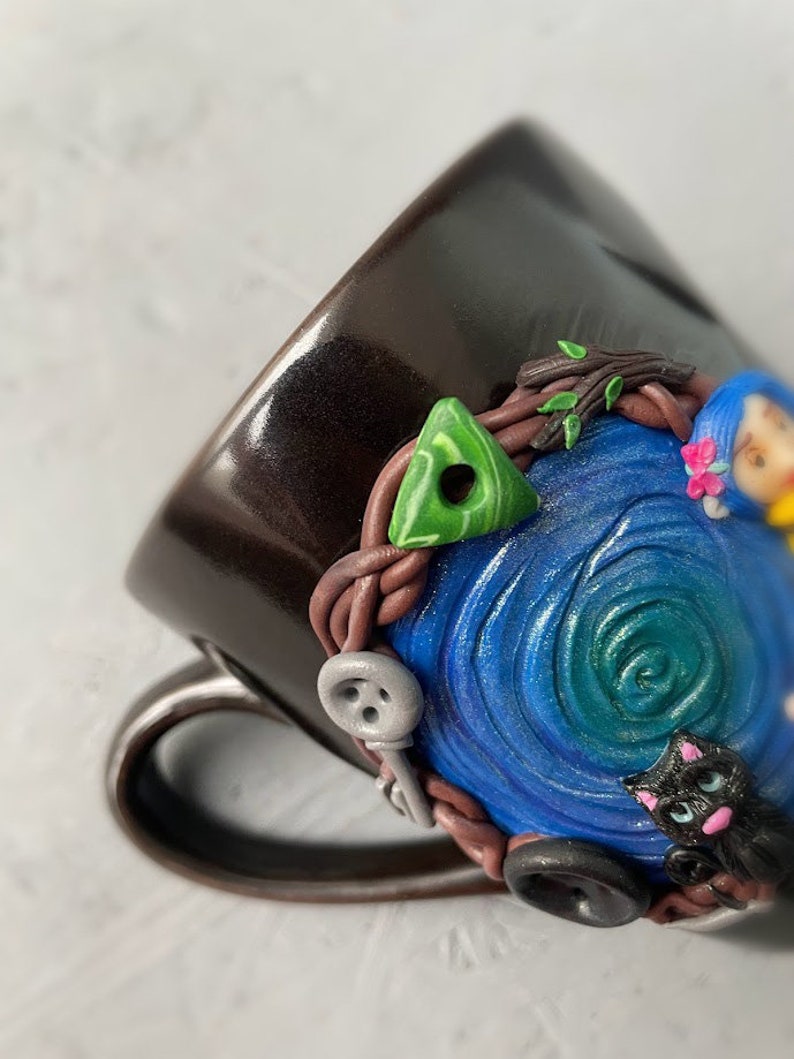Personalized Coraline style mug, Halloween gifts idea Coraline lovers, Custom coffee cup with Black cat, Button, Key, Little circus mouse image 8