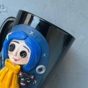 Personalized Coraline style mug, Halloween gifts idea Coraline lovers, Custom coffee cup with Black cat, Button, Key image 6