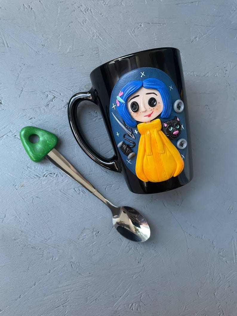 Personalized Coraline style mug, Halloween gifts idea Coraline lovers, Custom coffee cup with Black cat, Button, Key Set black mug+spoon
