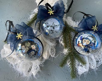 Blue Fantasy Girl Christmas Ornament Set of Handmade Clear Baubles with Glitter, Unique Gift for Movie Lovers, Coraline style Christmas ball