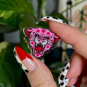 Panther head acrylic pin, heart pin, cat head, tattoo pin, valentines pin, traditional tattoo