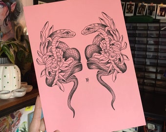 Snakes Print, Chrysanthemum, A4, Tattoo Print, Art Print, Traditional Tattoo, tattoo art