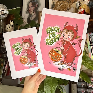 Impression de poupée Kewpie Halloween A4/A5, tatouage traditionnel, art d'Halloween, art mural tatouage, diable Kewpie