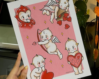 May include: A pink background with four cherub illustrations. One cherub is holding a heart that says "Self Love". Another cherub is holding a bow and arrow. The other two cherubs are holding hearts.