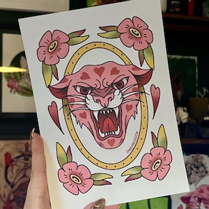 A5 Traditional Tattoo, Flash Print, panther head, Hearts, Galentines, Valentines,  tattoo wall art, alt girl