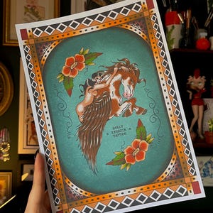 A4 Traditional Tattoo, Flash Print, lady on horse, lady head, Pegasus, Cowgirl, Galentines, Valentines,  tattoo wall art