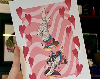 May include: A pink and white illustration of a person with tattoos, upside down, inside a heart. The background is pink with white wavy lines and pink hearts.