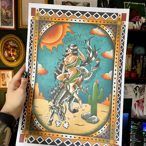 A3 Traditional Tattoo, Flash Print, Cowgirl, Horse, Desert, Giddy Up, Yeehaw, Galentines, Valentines, Neotraditional, Tattoo wall art